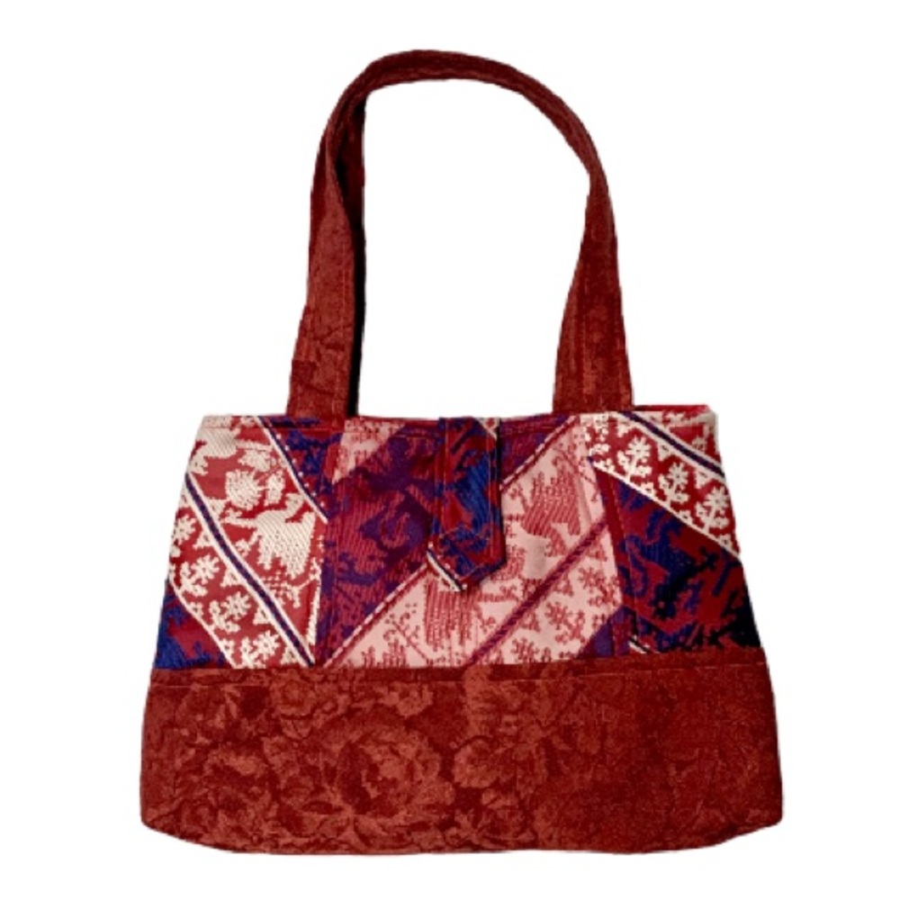 HAND CRAFTED Aztec Birds Tie Bag Maroon Red and Blue with Floral upholstery